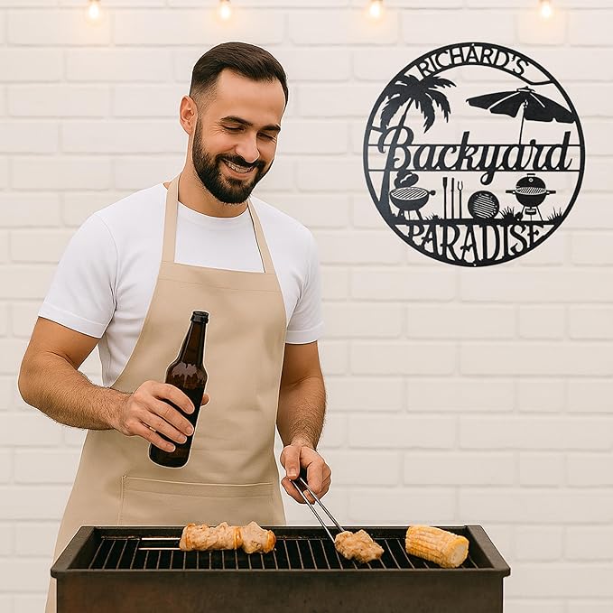 Custom BBQ Grill Metal Sign Personalized Name Wall Art for Outdoor Barbecue Patio Kitchen Backyard Decor Gift for Dad Husband Men Papa Grandpa Father Grilling Enthusiasts Family Lover Funny Gifts 24