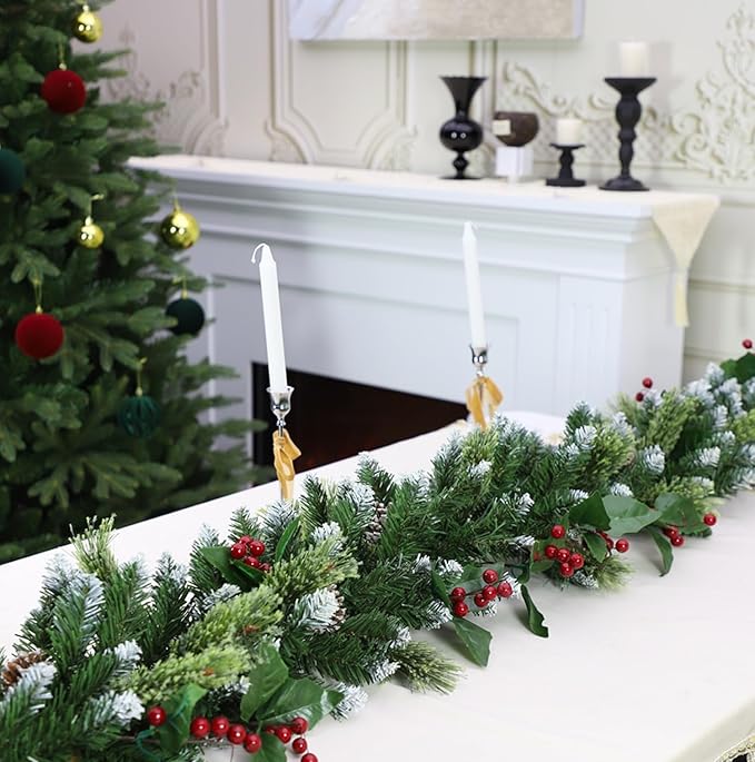 9ft Christmas Garland with Lights,Lighted Artificial Flowering Pine Garland for Mantle,Prelit Faux Green Christmas Winter Garland with Pine Cones and Red Berry for Indoor Outdoor Decor