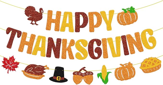 Happy Thanksgiving Banner Thanksgiving Day Garland Fall Maple Leaves Autumn Pumpkin Pie Turkey Harvest Theme Banner Thanks Giving Party Decorations