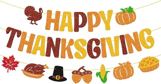Happy Thanksgiving Banner Thanksgiving Day Garland Fall Maple Leaves Autumn Pumpkin Pie Turkey Harvest Theme Banner Thanks Giving Party Decorations