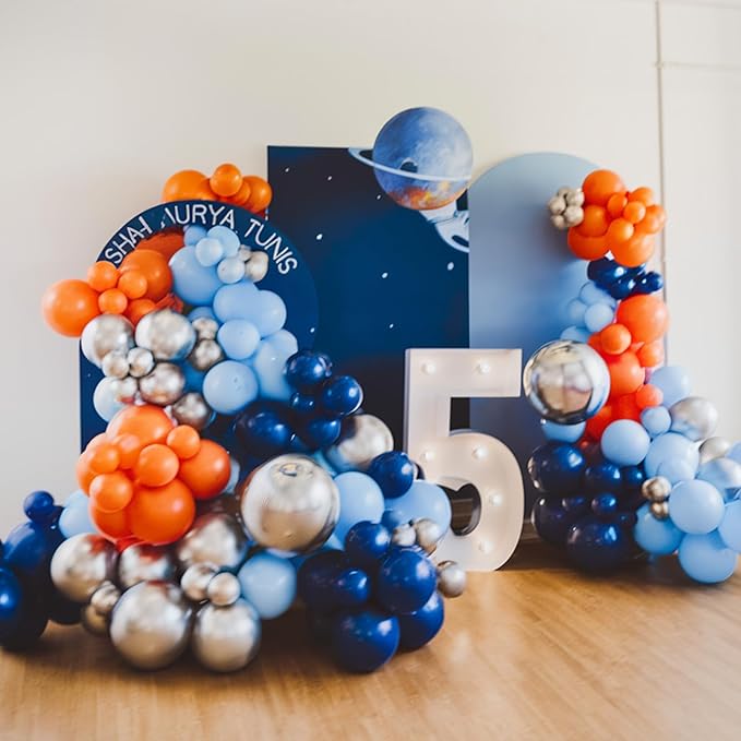 Blue and Orange Balloons, Blue Silver Orange Balloons, Royal Blue light Blue Grey Metallic Balloon for Outer Space Astronaut Theme Boy Birthday Party Baby Shower Wedding Graduation Decorations