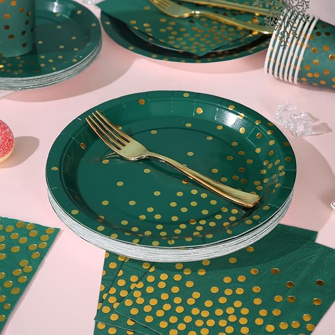 175Pcs Green Plates and Napkins Party Supplies, Green and Gold Party Decorations for Birthday Graduation Party Decorations Serve 25