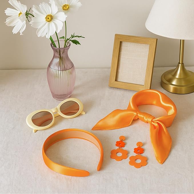 4 Pcs 70s 60s Accessories Women Hippie Disco Groovy Costume Accessories Headband Dangle Earrings Sunglasses Silk Scarf
