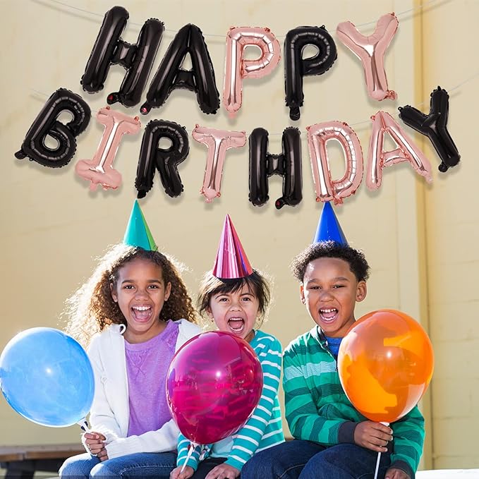 Accevo Black Rose Gold Happy Birthday Banner, 16 Inch Mylar Foil Letters Birthday Balloon, Happy Birthday Balloon for Kids, Child, Adults, Boys & Girls Happy Birthday Sign Birthday Party Decorations
