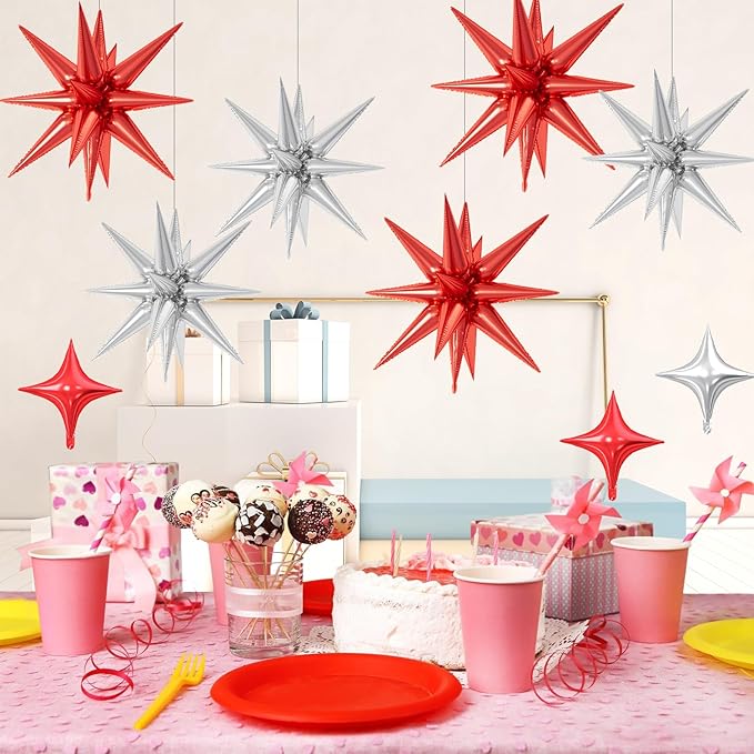 18 Pcs Red Silver Star Balloons, Silver and Red Balloon with 6 Pcs 22-Inch Explosion Star Balloons 12Pcs 10-Inch Four Pointed Stars Foil Balloon for Winter Christmas Birthday Party Decorations