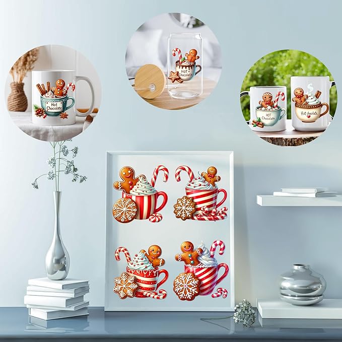 UV DTF Stickers - 12 Sheets Christmas Gingerbread UV DTF Cup Wrap for Coffee Mugs Glass, DIY Decals for Tumblers, Waterproof Rub on Transfers for Crafts