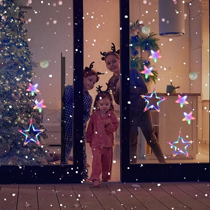 3Pcs Christmas Window Lights Decorations with Timer, Battery Powered Christmas Window Hanging Multicolor String Lighted Tree Bell Star Shaped LED Sucker for Xmas Window Fireplace Indoor Decor