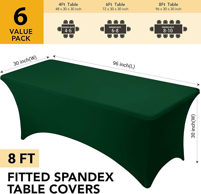6-Pack Premium Hunter Green Spandex Tablecloths for 8ft Rectangle Tables, Stain & Wrinkle-Resistant, Washable Stretch Polyester Fitted Table Cover for Weddings, Banquets, Trade Shows Events