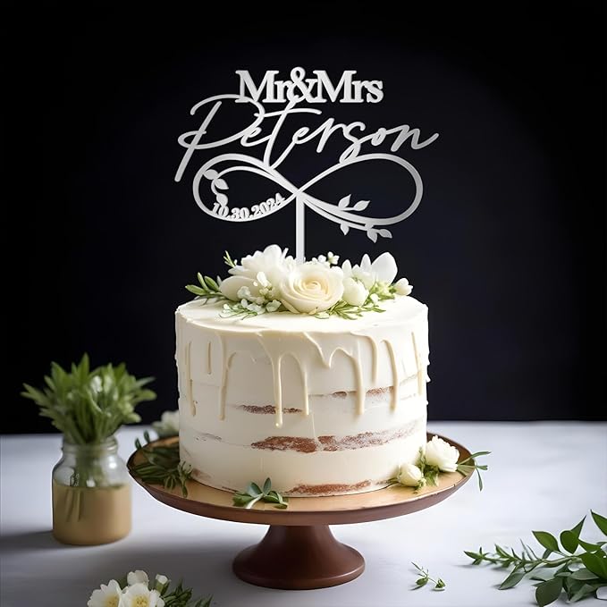 Mr & Mrs Wedding Cake Topper Custom Last Name and Date Personalized Wedding Anniversary Cake Decoration Leaves Infinity in Acrylic