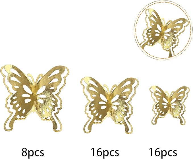 40 PCS Gold Lively 3D Butterfly Cupcake Toppers Mixed Size Hollow Art Butterfly Cupcake Topper Baby Shower Wedding Anniversary Birthday Party Cake Wall Decorations Supplies