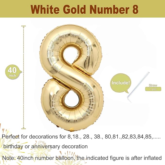 40 inch White Gold Number Balloon Giant Foil Helium Balloons Champagne Gold Number 8 Balloon for 8th Birthday Party Decorations