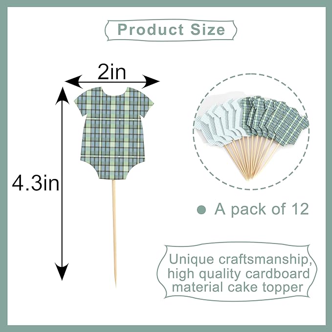 Green Bodysuit Cupcake Topper - Baby Shower Decoration Green Gingham Cake Topper,Baby Shower Bunting (green-topper)