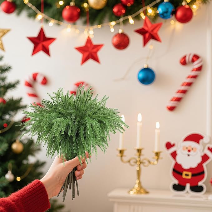 Christmas Norfolk Pine Branches-12pcs,18inch Long,Artificial Pine Stems Faux Christmas Greenary Norfolk Pine Branch for Vase DIY Crafts Xmas Wreath Garland Indoor Outdoor Home Decoration