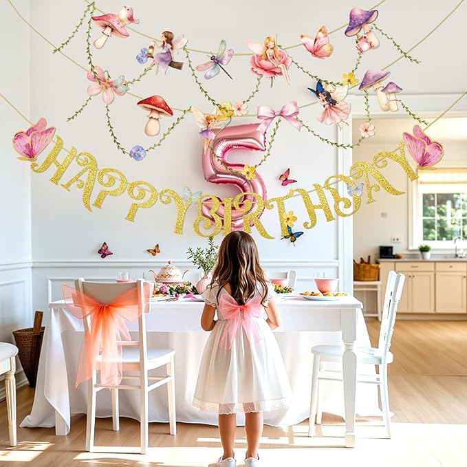 SUNBEAUTY Fairy Garden Birthday Banner Butterfly Mushroom Floral Party Decor for Girls Baby Shower, First Birthday, Summer Fall Theme Celebration, Outdoor Indoor Fairy Tale Decorations