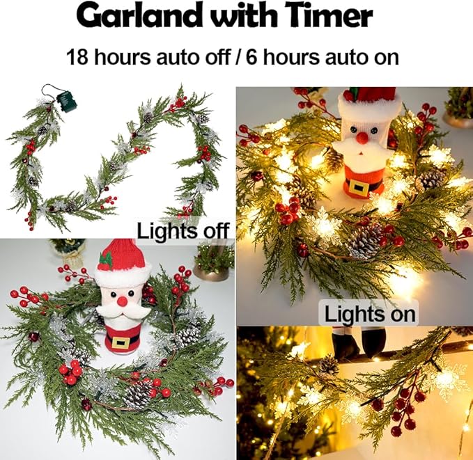 Christmas Garland Lights 6.56FT 20 Snow LED Pine Garland with Lights Battery Operated with Bells Red Berries Pinecones Cypress Greenery Garlands Decoration for Xmas Tree Mantle Door Stairs Home Decor