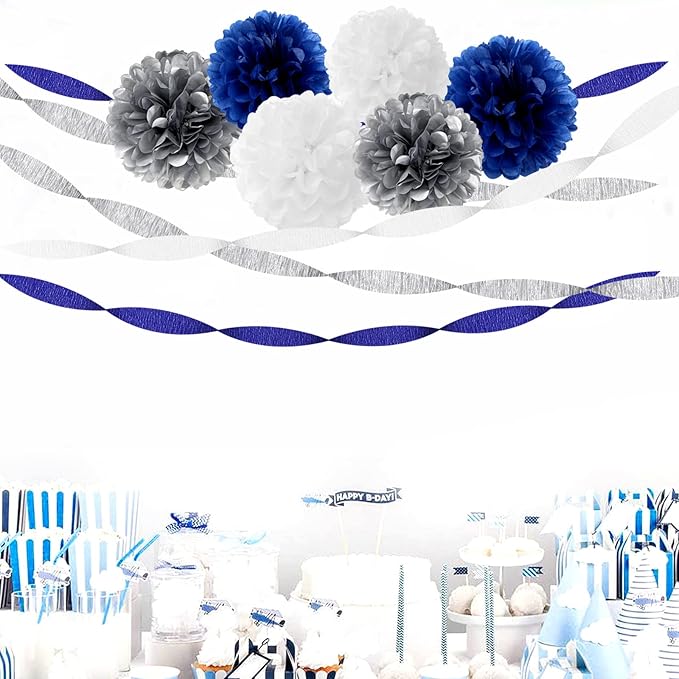 Navy-Blue White- Silver Crepe Paper Streamers - 9 Rolls Royal Blue Graduation 2025 Men Boy Birthday Party Decorations Streamer Wedding Bridal Shower Paper Garland Fathers Day Decor Panduola