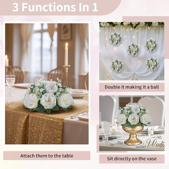 NUPTIO Artificial Flowers Ball Centerpieces: 10 Pcs 9.8 Inch Diameter Fake Kissing Rose Floral Balls for Wedding Party Bridal Shower Valentine Home - White Bouquet Arrangement Decorations for Table