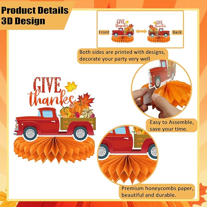 9PCS Thanksgiving Honeycomb Centerpiece Turkey Pumpkin Maple Leaves Honeycomb Thanksgiving Table Centerpiece for Thanksgiving Table Decoration Fall Autumn Theme Birthday Party Supplies