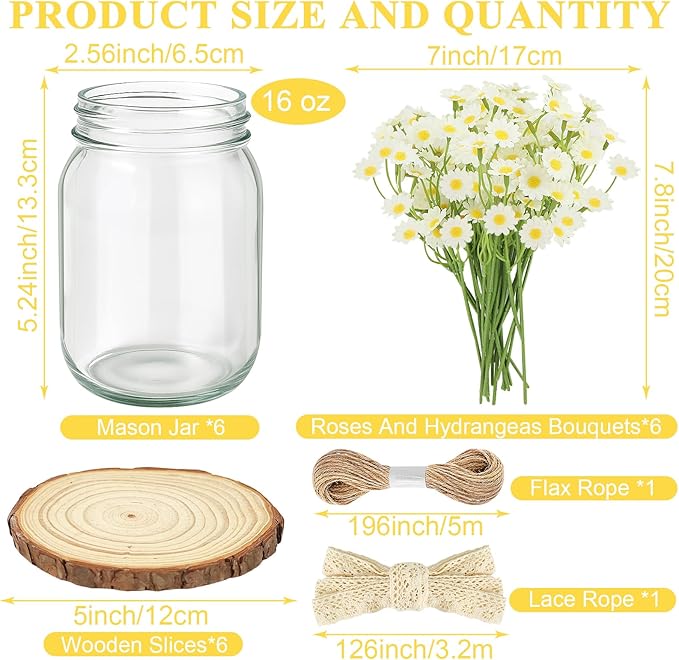 Set 6 Mason Jar Table Centerpiece - Wedding Centerpieces for Tables, Mason Jar Flower Centerpiece Vases Decor- Boho Farmhouse Rustic for Engagement, Bridal Shower, Wedding, Versatile Decor (Chamomile)