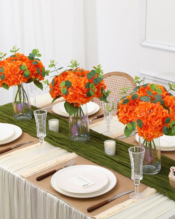 Tifuly Fake Hydrangea Artificial Flowers with Vase 4pcs Real Touch Faux Hydrangea and 3pcs Eucalyptus Stems for Wedding Centerpiece Home Party Table Decoration（Orange）