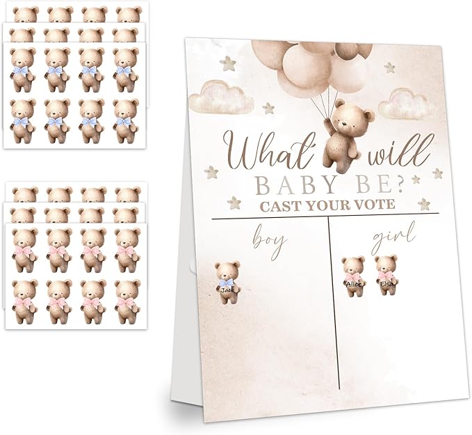 LNOKRIM Gender Reveal Party Games, Teddy Theme Baby Gender Reveal Voting Board Sign, 48 Boys Girls Teddy Voting Stickers, He or She, Baby Gender Reveal Party Decorations Games for Boy or Girl Shower