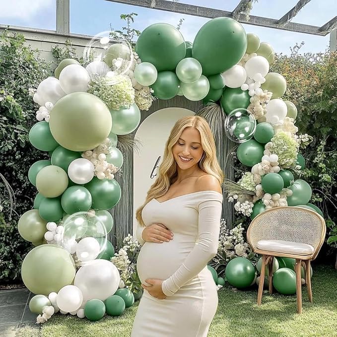 Green White Balloons Double Stuffed Dusty Green Bobo Pearl Balloon Arch Kit Latex Light Olive White Balloon Garland for Bridal Shower Birthday Baby Shower Wedding Anniversary Baptism Decor