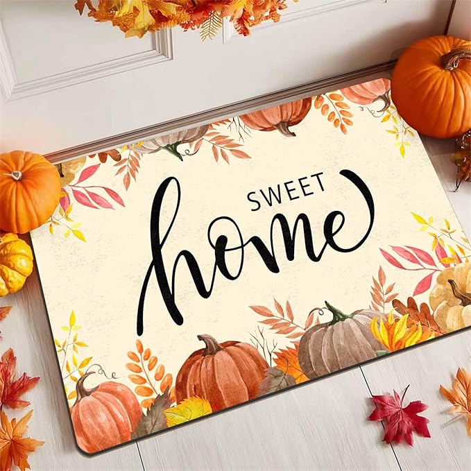 Fall Welcome Maple Leafs Decorative Door Mat, Autumn Thanksgiving Doormat for Indoor Outdoor Entrance Floor Mats,Fall Pumpkins Non Slip Harvest Vintage Decor Rubber Welcome Mats 16" x 24" Inch