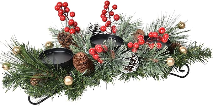 DearHouse Christmas Candle Holder Centerpiece, Pine Cones and Red Gold Berry Table Centerpiece with 3 Candle Holders Table Accent Centerpiece for Festival Home Decoration22 x10 x5(L x W x H)