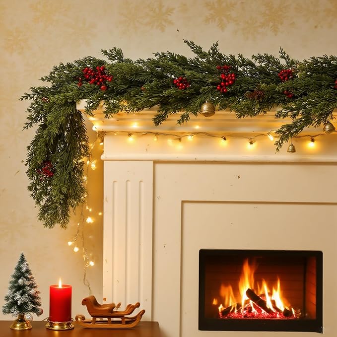 Dingion 1 PCS 6 ft Christmas Cedar Garland - Artificial Realistic Decorations Cedar Pine Needles Faux Garland for Seasonal Holiday Decor - Suitable for Table, Mantel, Stair