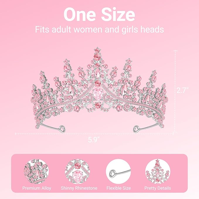 Tiara Crown for Women, Headband Hair Accessories for Birthday Wedding Party Costume Pink