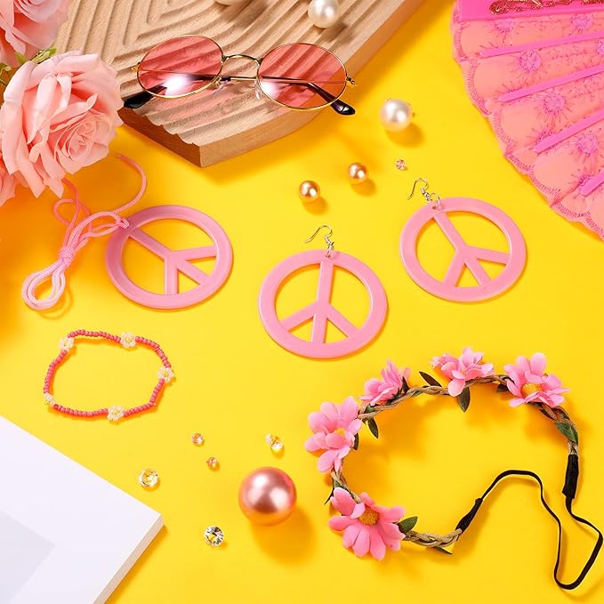 Batiyeer 6 Pcs Hippie Costume Accessories Set, Boho Peace Sign Daisy Flower 60s 70s Party Favors Decor for Groovy Party Women(Pink)