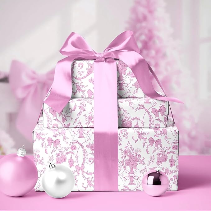 LaRibbons Pink Bow Floral Wrapping Paper Roll – 17 inch x 33 feet, Vintage Toile Stone Paper Design for Wedding, Baby Girl Shower, Bridal Gift Wrap, Valentine's Day, Christmas