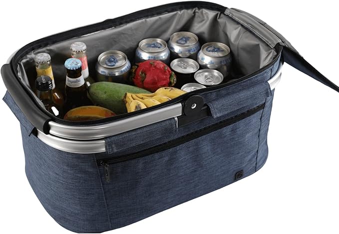 ALLCAMP Picnic Basket - 32L Insulated Cooler, Thickening Foldable Picnic Basket with Removable Baskets & Sewn-in Frame, Basket for House Warming Gifts New Home(Blue)