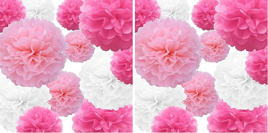 Tissue Paper Pompoms Paper Flower 22 Pcs Pink,Rose Red,White Paper Flower Ball for Birthday Bachelorette Wedding Baby Shower Bridal Shower Party Decoration (Pack of 2)