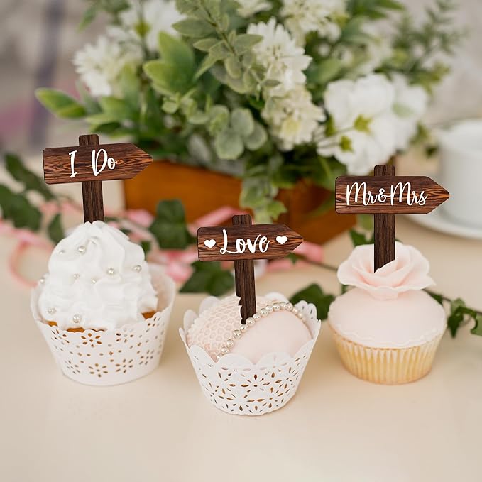 12 PCS Wedding Cupcake Toppers in Wood Rustic Wedding Cake Decoration