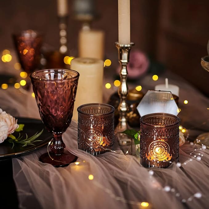 DEVI 24pcs Vintage Amber Votive Candle Holders, Amber Glass Tea Lights Candle Holder for Baby Shower, Boho Wedding Decorations, Vintage Boho Party Home Fall Centerpieces Table Decoration