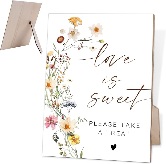 Flower Love Is Sweet Sign for Dessert Table, Dessert Table Decorations, Wedding Decorations for Reception, Bridal Shower Decor, Party Centerpieces, 6X8 Inch Wooden Bridal Shower Signs with Stand, 18