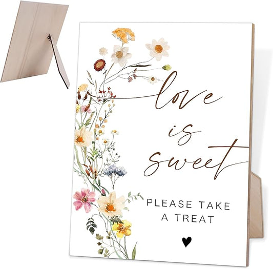 Flower Love Is Sweet Sign for Dessert Table, Dessert Table Decorations, Wedding Decorations for Reception, Bridal Shower Decor, Party Centerpieces, 6X8 Inch Wooden Bridal Shower Signs with Stand, 18