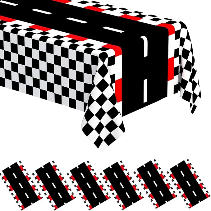 WNINK 6 PCS Racing Car Theme Tablecloths Car Disposable Plastic Tablecloths Black Checkered Flag Table Covers Racetrack Rectangular Tablecloth for Race Car Birthday Party Decorations, 54 x 108 Inch