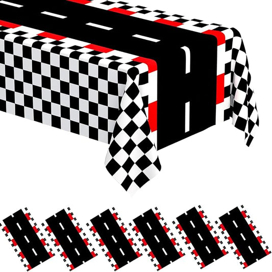 WNINK 6 PCS Racing Car Theme Tablecloths Car Disposable Plastic Tablecloths Black Checkered Flag Table Covers Racetrack Rectangular Tablecloth for Race Car Birthday Party Decorations, 54 x 108 Inch