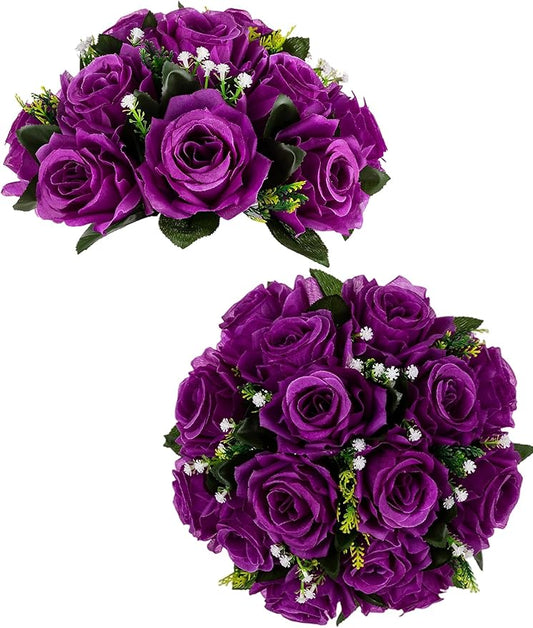 BLOSMON Flower Balls Wedding Rose Centerpieces: 2 Pcs Fake Flowers with Base White Kissing Balls Decor White Artificial Floral Arrangements Flower Bouquet of Roses Home Party Table DIY Decorations