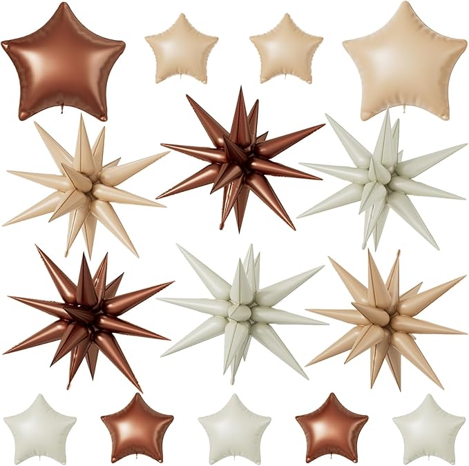 16 Pcs Cream Caramel Brown Star Balloons,22/18/10 Inch Foil Neutral Balloons, Balloon for Kids Girl Boy Birthday Boho Wedding Bridal Baby Shower Party Decorations