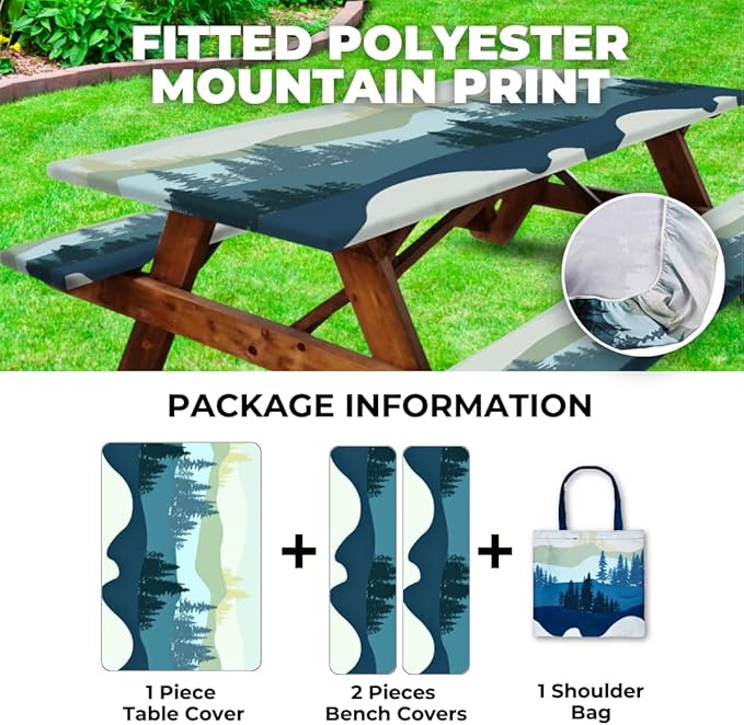 RNOONY 8ft Polyester Picnic Table Cover with Bench Covers Windproof & Waterproof Tablecloth, Perfect for Camping Gifts & RV Essentials, Cool Camping Gadgets, with Carrying Bag, 96x30 Inches, 4Pcs,Blue