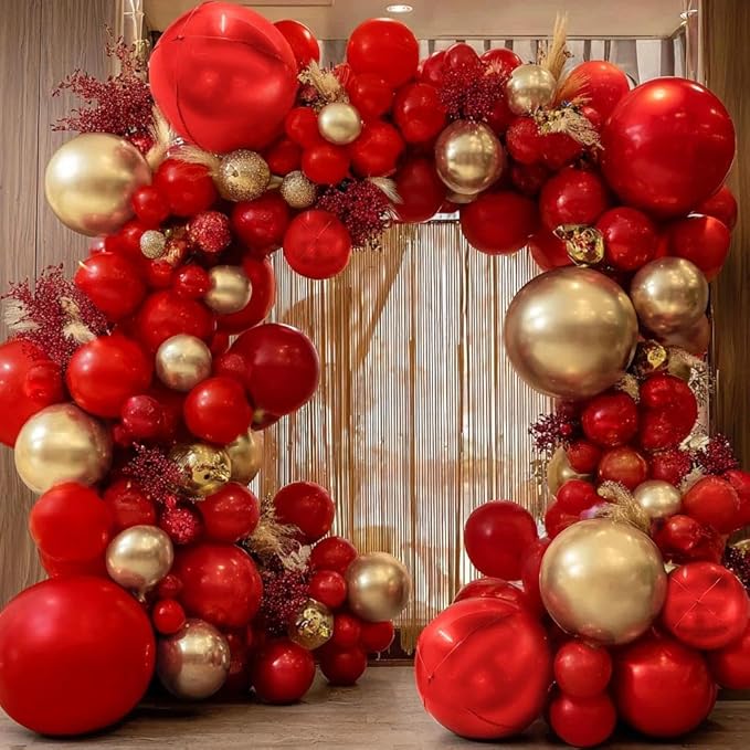 Red and Gold Balloon Garland Double Stuffed Ruby Red Gold Balloons Arch Kit With Mylar Balloon for Christmas New Year Baby Shower Valentine Anniversary Birthday Party Decoration