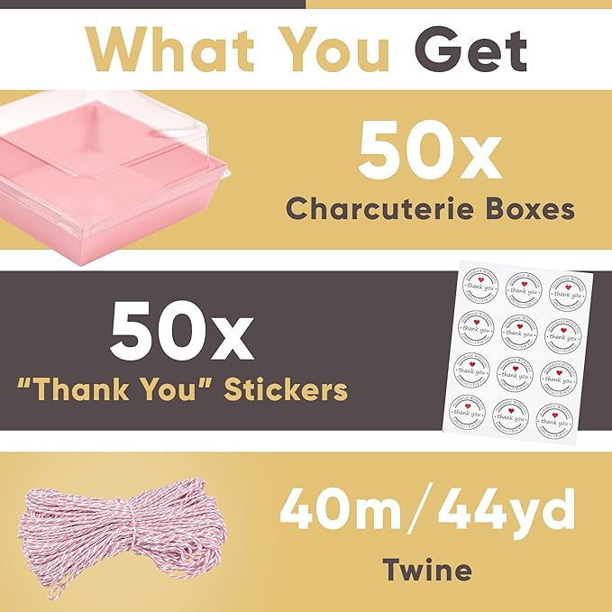 50 Pack Small Clear Treat Boxes - Dessert Boxes To Go - 5Inch Disposable Paper Mini Containers for Cookie, Cake Slice, Charcuterie, Bakery, Pastry, Strawberry, Baked Goods Packaging (Pink)