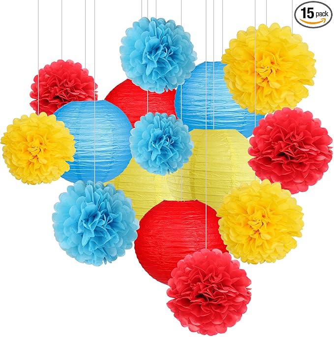 Carnival Circus Party Decorations, Red Yellow Blue Paper Lanterns and Pom Poms Flowers for Birthday Party Baby Showers Carnival Theme Rainbow Party Decor 15PCS