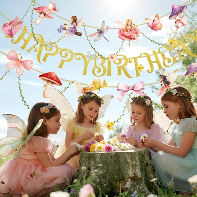SUNBEAUTY Fairy Garden Birthday Banner Butterfly Mushroom Floral Party Decor for Girls Baby Shower, First Birthday, Summer Fall Theme Celebration, Outdoor Indoor Fairy Tale Decorations