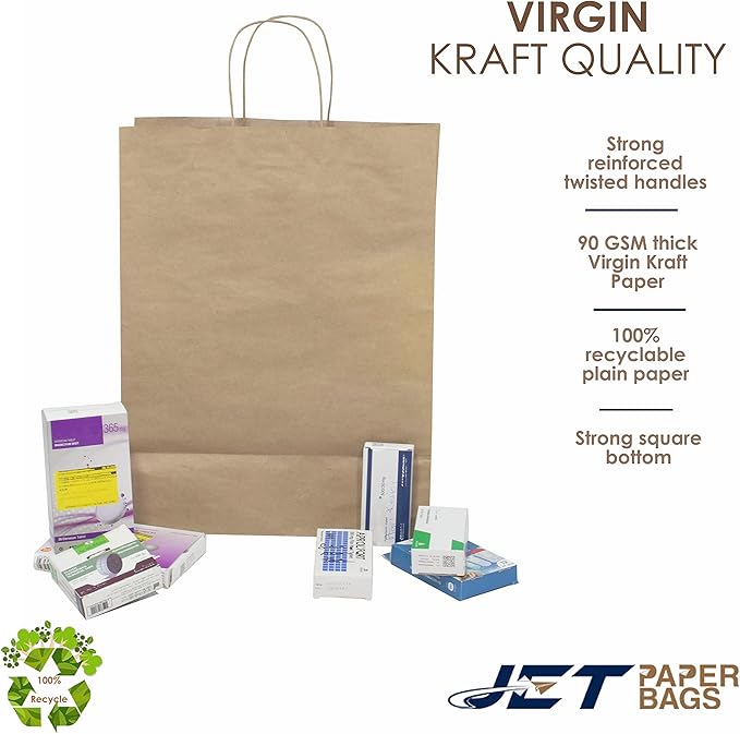 JET PAPER BAGS - 13”x7”x17” Inch [250 Pcs] Large Brown Paper Bags with Handles Prime for Takeout, Grocery, Goody, Retail, Party, Gifts, Weddings
