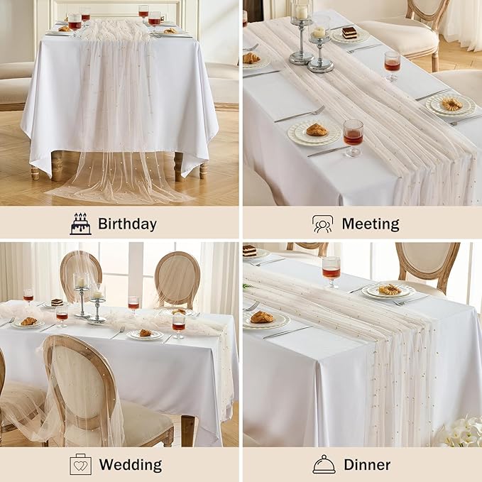 Fanami 6 Pack Pearl Table Runner -10FT Champagne Gold Boho Tulle Table Runners 120 Inches Long Rustic Sheer Lace Fabric Centerpieces for Wedding Arch Birthday Party Bridal Veil Baby Shower Decorations