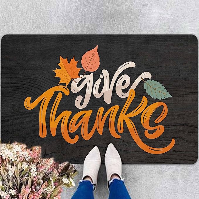 InterestPrint Fall Thanksgiving Welcome Door Mat, Give Thanks Decor for Covered Outdoor Area Fall Maple Leafs Decor Welcome Mat for Autumn Halloween Thanksgiving Farmhouse Decor, 30"x18"inch